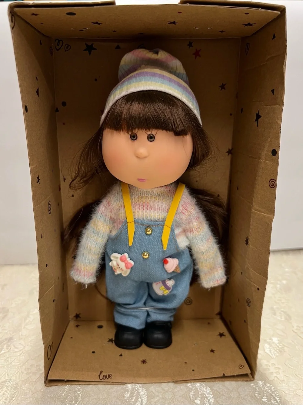 New, Mia Potato Doll in Pastel Striped Hat and Blue Overalls